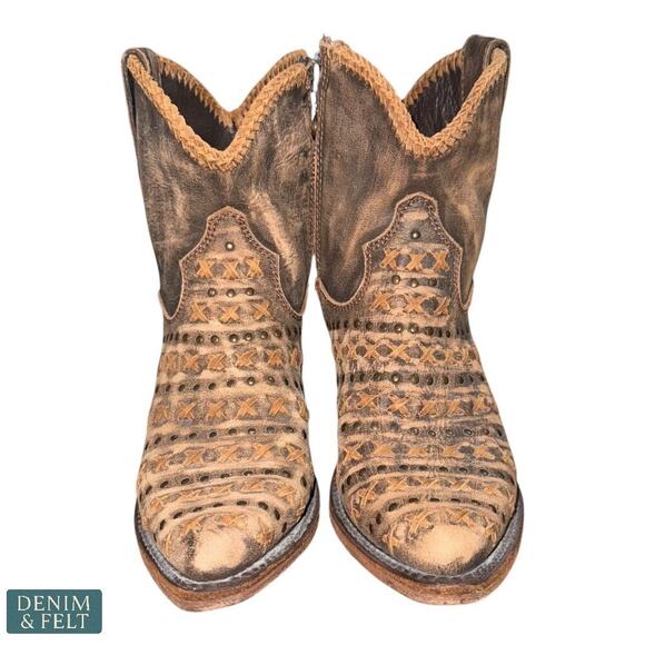 Liberty Black Vintage Canela Studded Leather Boots Brown Distressed Booties - Picture 1 of 16